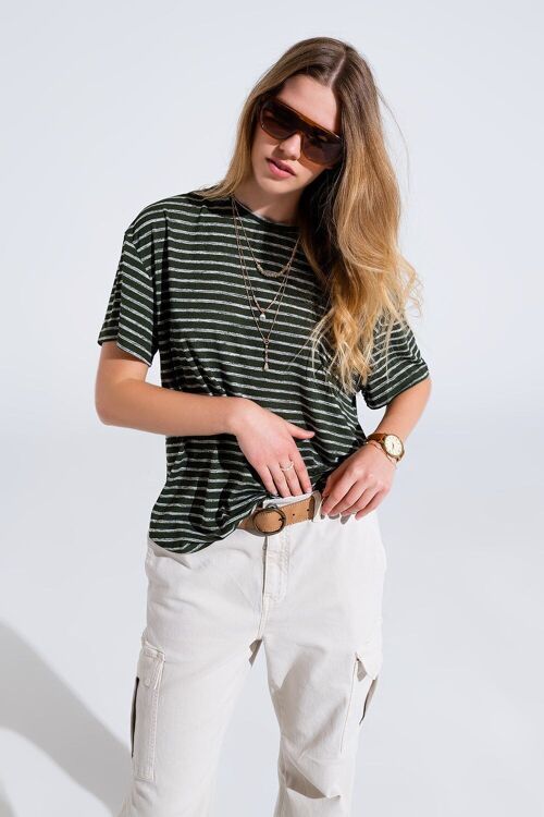 Relaxed Striped T-shirt With Crew Neckline In Khaki