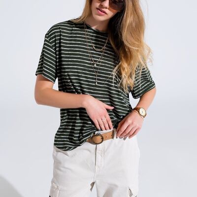 Relaxed Striped T-shirt With Crew Neckline In Khaki