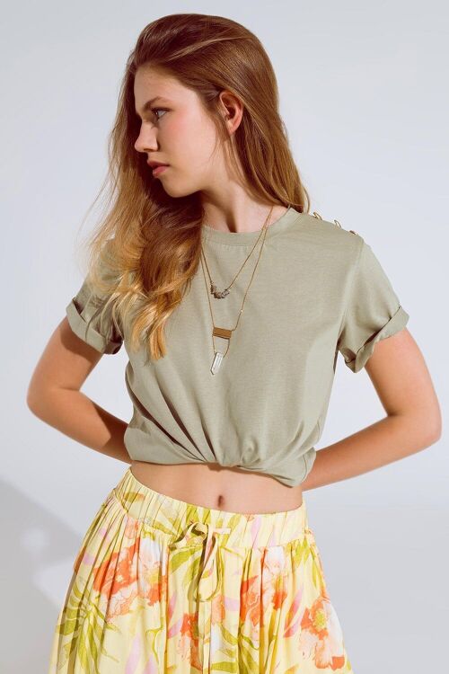 Khaki T-Shirt with golden button detail on shoulder