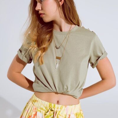 Khaki T-Shirt with golden button detail on shoulder