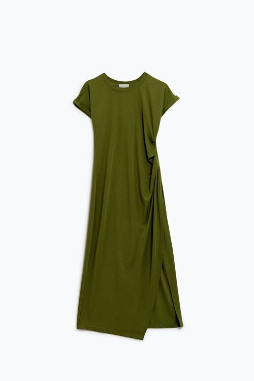 Maxi green viscose dress with side draping