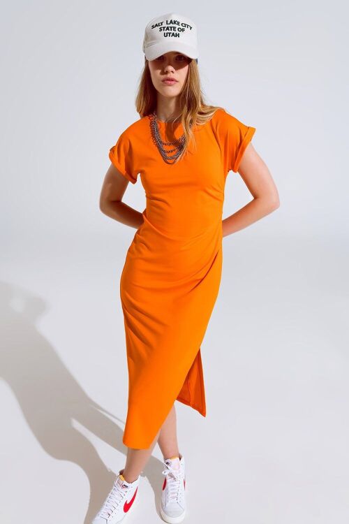 Orange Maxi Dress With Slid and Rouche At The Side