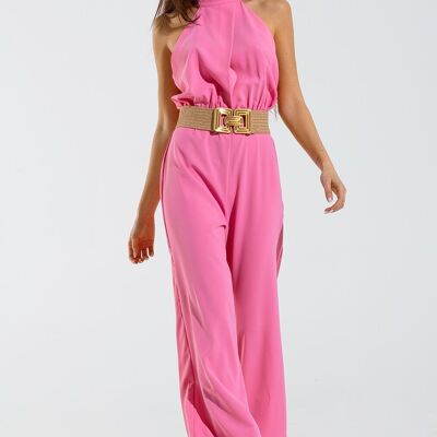 Rosa Jumpsuit mit gekreuztem Oberteil und hohem Kragen