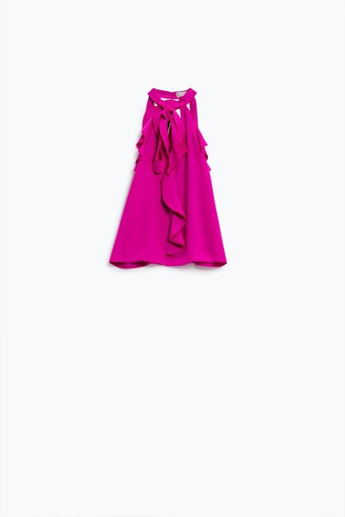 Sleeveless Pink Top with Ruffled Details and High Neck