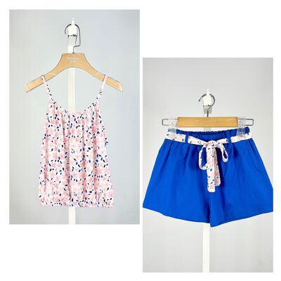 Floral top with straps and cotton shorts set for girls
