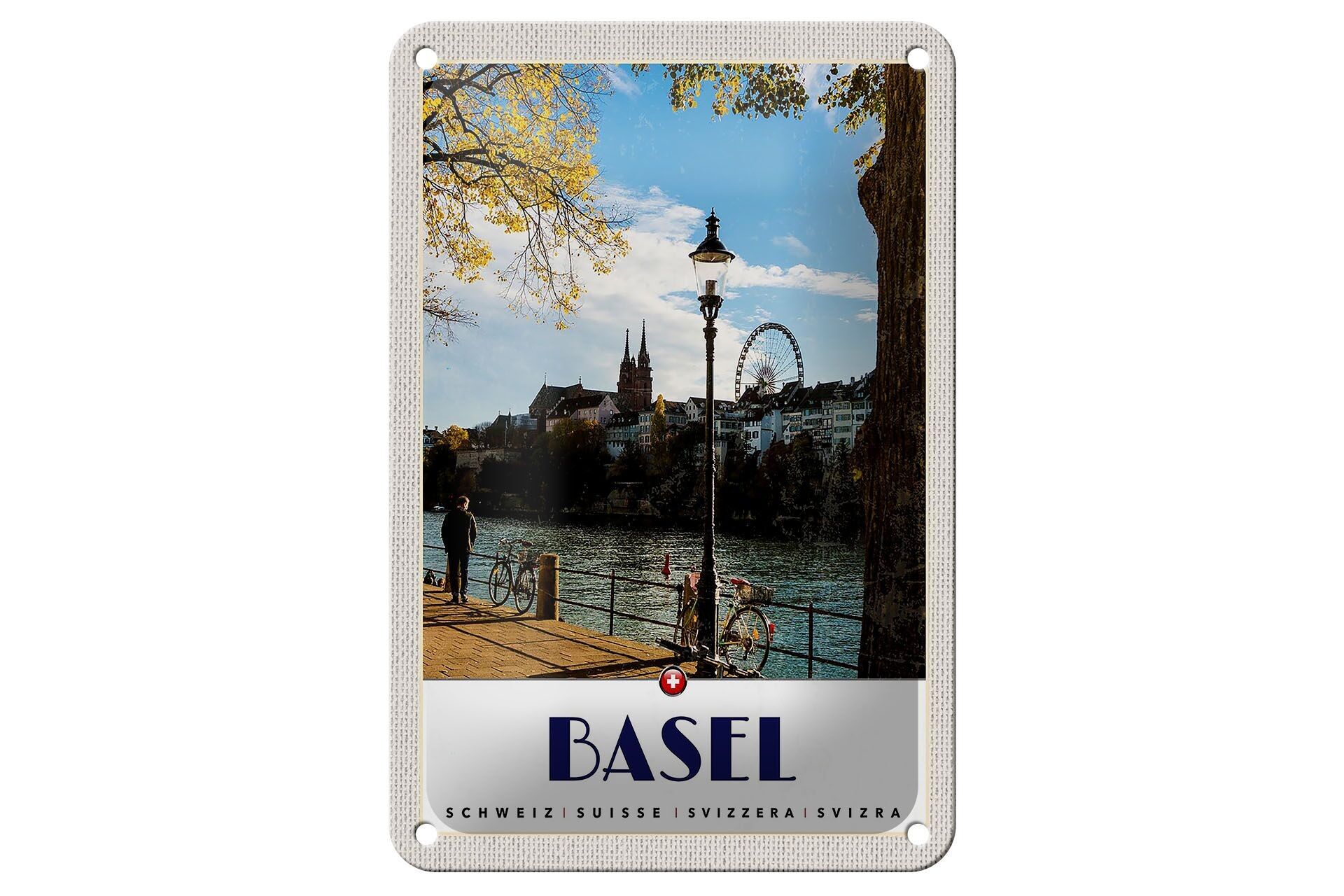 Targa in metallo da viaggio 12 x 18 cm Basilea Svizzera fiume ruota panoramica segno naturale