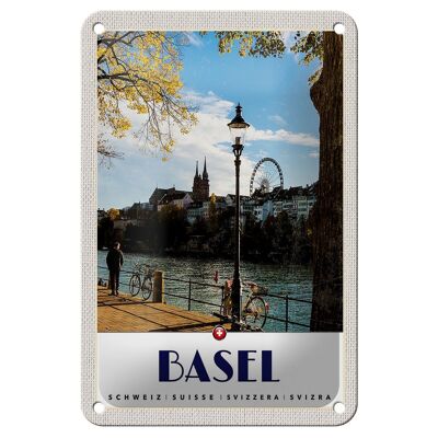 Cartel de chapa de viaje, 12x18cm, Basilea, Suiza, río, noria, cartel natural