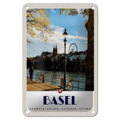 Blechschild Reise 12x18cm Basel Schweiz Fluss Riesenrad Natur Schild