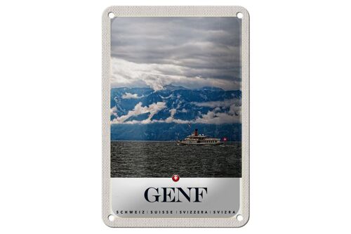 Blechschild Reise 12x18cm Genf Schweiz Schiffe Gebirge Himmel Schild
