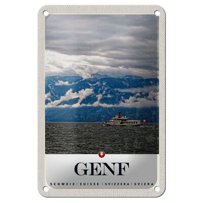 Panneau de voyage en étain, 12x18cm, genève, suisse, navires, montagnes, ciel