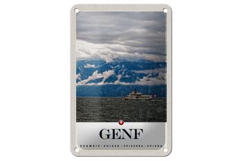 Panneau de voyage en étain, 12x18cm, genève, suisse, navires, montagnes, ciel 1