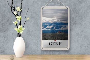 Panneau de voyage en étain, 12x18cm, genève, suisse, navires, montagnes, ciel 4