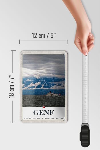 Panneau de voyage en étain, 12x18cm, genève, suisse, navires, montagnes, ciel 5