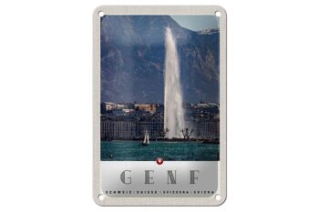 Panneau de voyage en étain, 12x18cm, genève, suisse, bâtiment, montagnes, ciel 1