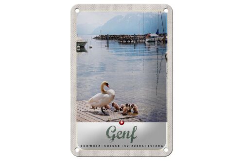 Blechschild Reise 12x18cm Genf Ente See Boot Natur Urlaub Berge Schild