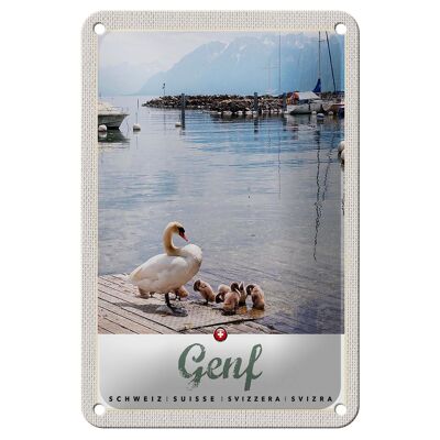 Blechschild Reise 12x18cm Genf Ente See Boot Natur Urlaub Berge Schild