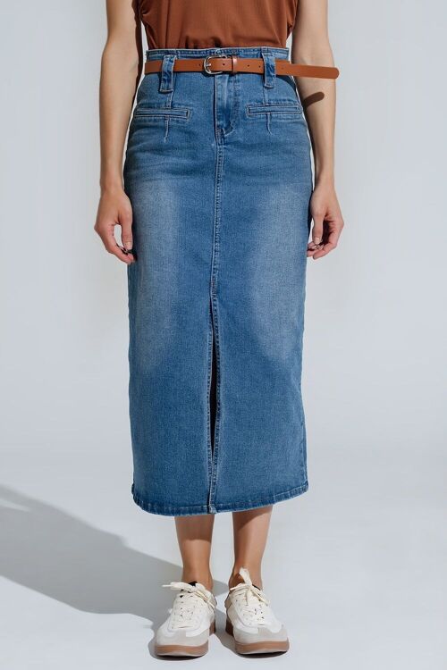 Midi Denim Skirt In Blue With Front Split