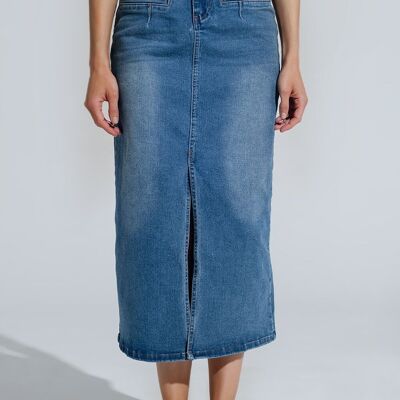 Midi Denim Skirt In Blue With Front Split