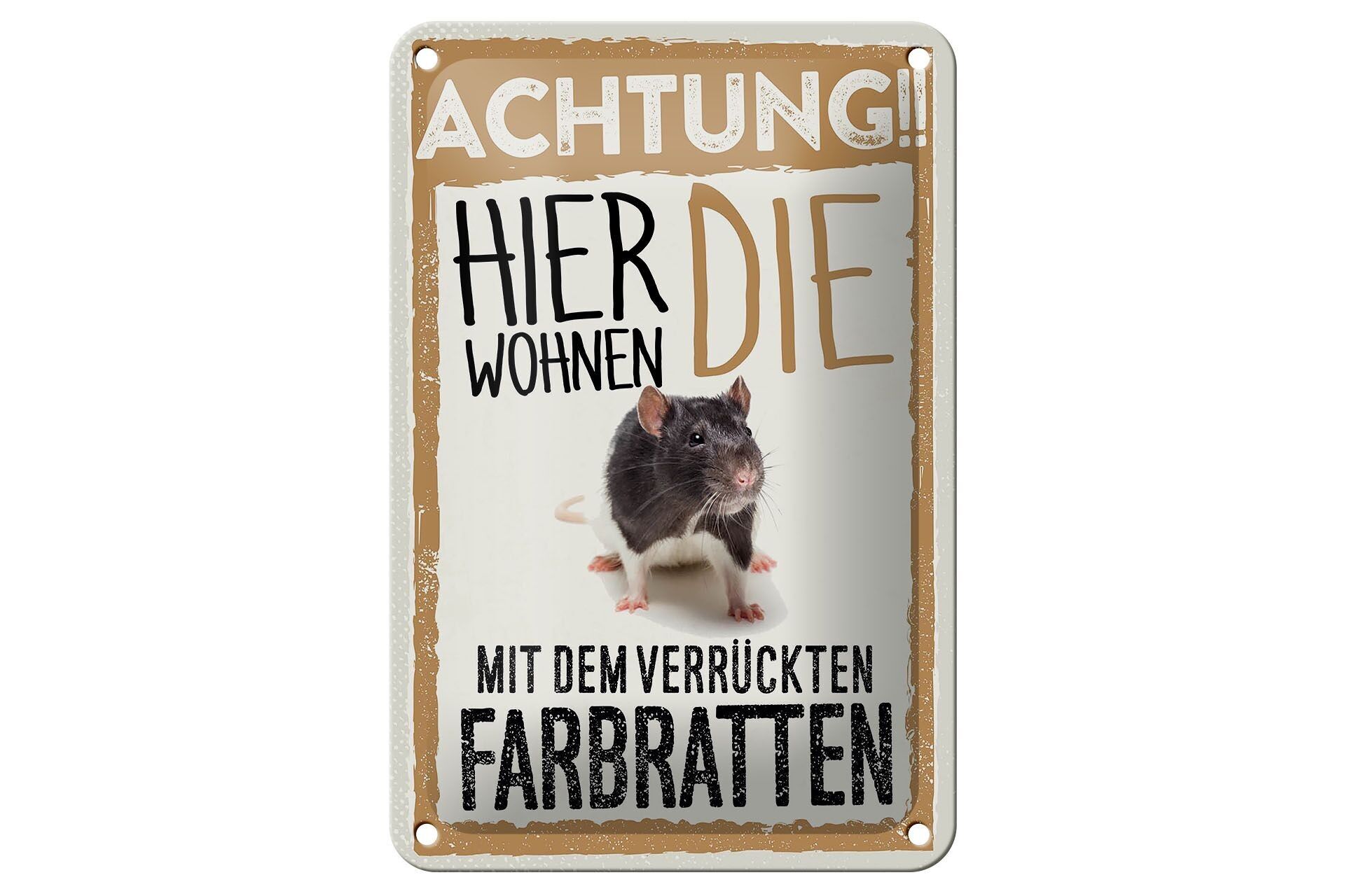 Cartel de chapa que dice 12x18cm animales, ten cuidado aquí, decoración de ratas de color