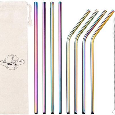 Rainbow straws in stainless steel set of 8 or 50 with free pouch - straight and curved set of 8