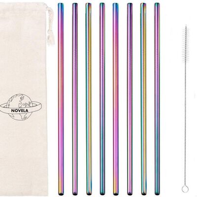 Pailles Arc-en-ciel en inox lot de 8 ou 50 avec pochon offert - droites lot de 50