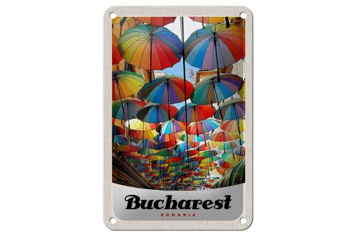 Blechschild Reise 12x18cm Bukarest Rumänien Regenschirm bunt Schild