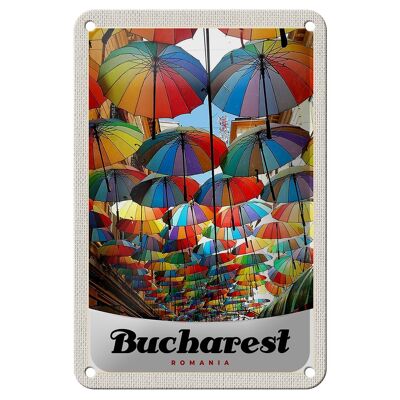 Blechschild Reise 12x18cm Bukarest Rumänien Regenschirm bunt Schild