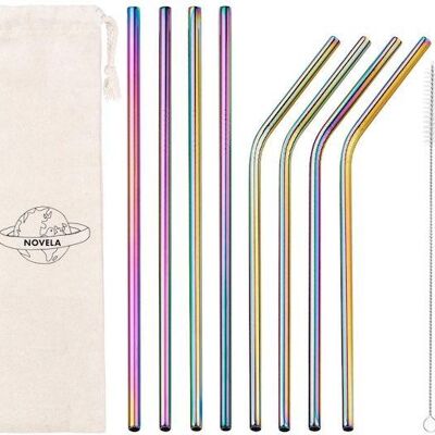 Rainbow straws in stainless steel set of 8 or 50 with free pouch - straight and curved set of 50