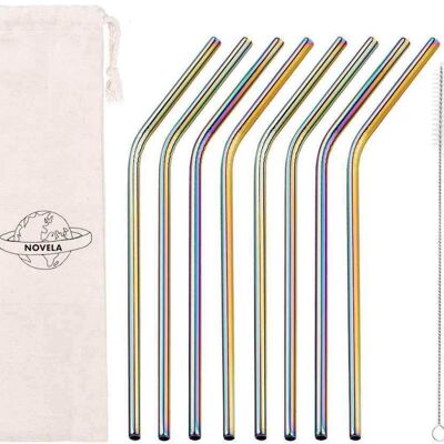 Rainbow straws in stainless steel set of 8 or 50 with free pouch - curved set of 8