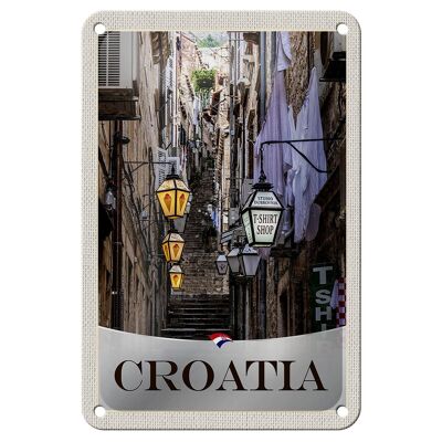 Cartel de chapa de viaje, 12x18cm, Croacia, casco antiguo, escaleras, farol