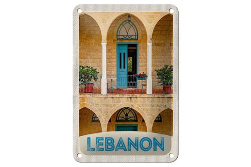 Blechschild Reise 12x18cm Libanon Gebäude blaue Tür Urlaub Schild