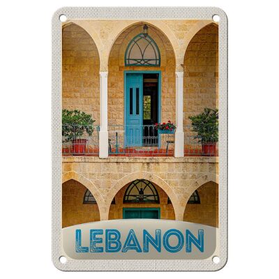 Letrero de hojalata para viajes, 12x18cm, edificio del Líbano, puerta azul, letrero festivo