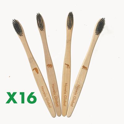 Brosse à dents Jungle Novela Global en bambou 4 animaux personnalisés - 16 brosses à dents