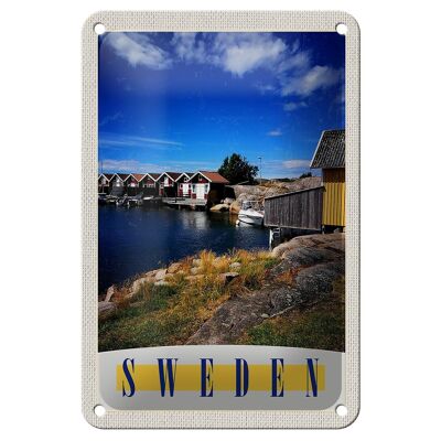 Blechschild Reise 12x18cm Schweden Meer Häuser Boote Dekoration