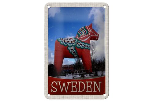 Blechschild Reise 12x18cm Schweden rotes Pferd Skulptur Dekoration
