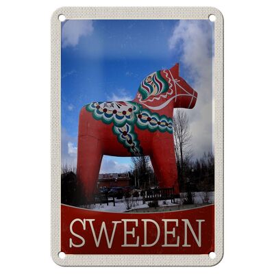 Blechschild Reise 12x18cm Schweden rotes Pferd Skulptur Dekoration