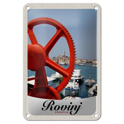 Panneau de voyage en étain, 12x18cm, Rovinji croatie, bateau, maison rouge
