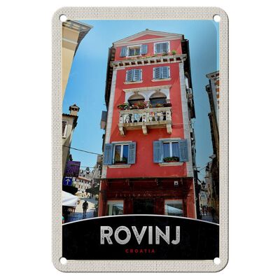 Cartel de chapa de viaje, 12x18cm, Rovinj, Croacia, casa, flores rojas