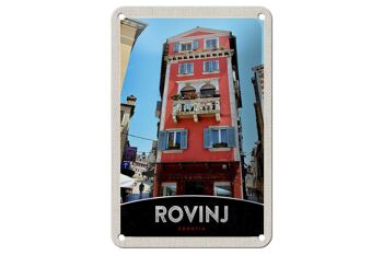 Panneau de voyage en étain, 12x18cm, Rovinj, croatie, maison, fleurs rouges 1