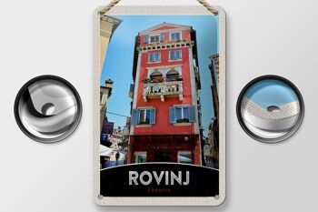 Panneau de voyage en étain, 12x18cm, Rovinj, croatie, maison, fleurs rouges 2