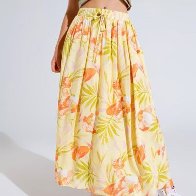 falda larga amarilla con estampado tropical