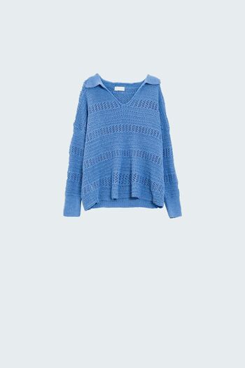 Pull tricoté au crochet à col en V avec col polo en bleu 5