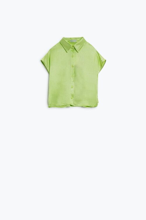 Relaxed Button Down Satin Blouse With Cap Sleeves and Polo Collar in Lime Green