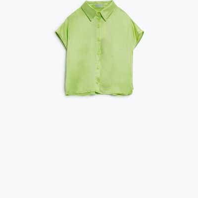 Relaxed Button Down Satin Blouse With Cap Sleeves and Polo Collar in Lime Green