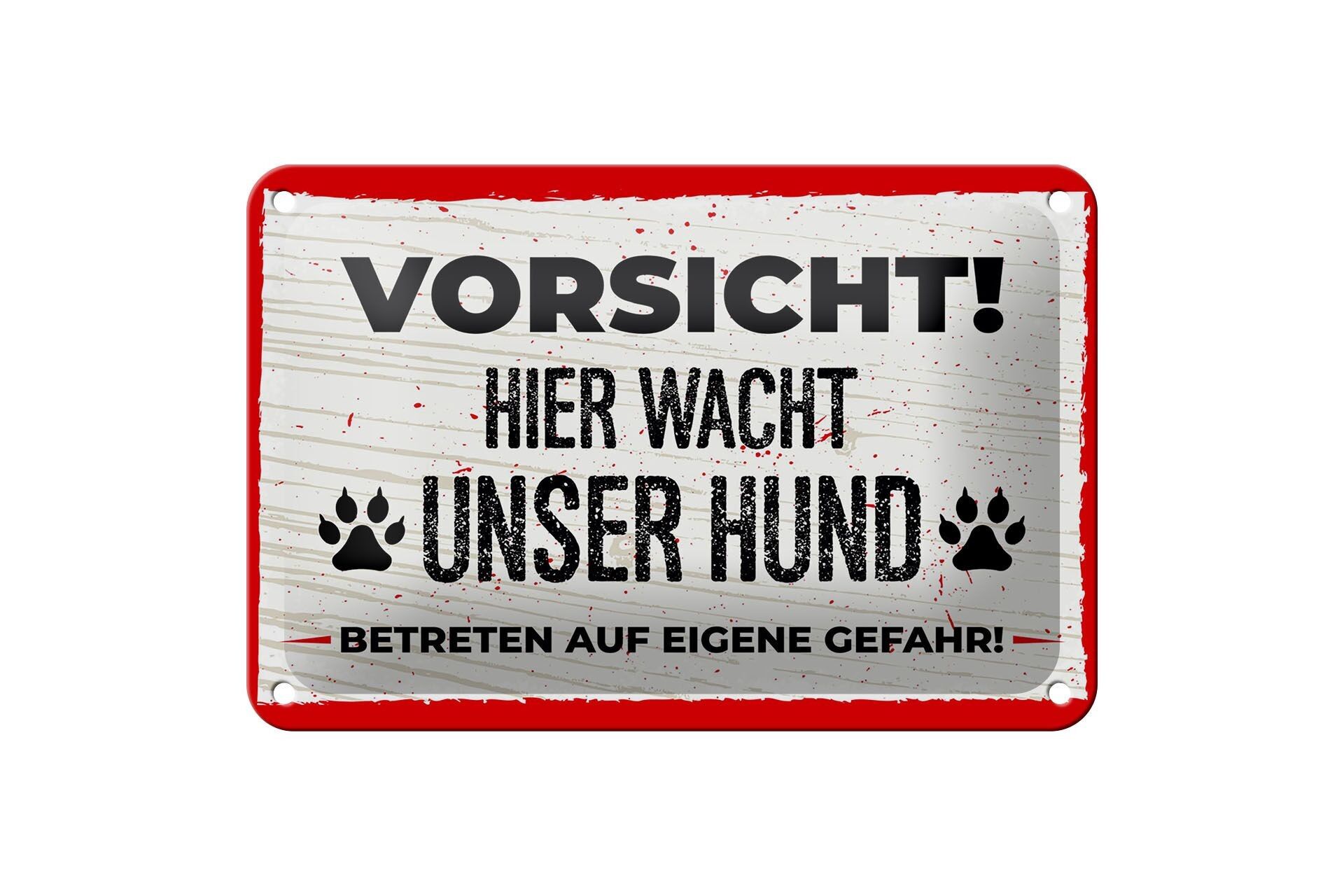 Targa in latta con scritta 18x12 cm Attenzione!   Il nostro cane veglia qui! Cartello