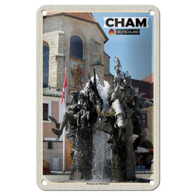 Panneau en étain villes fontaine Cham sur la place du marché, 12x18cm