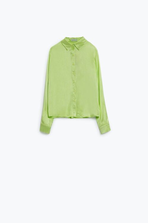 Long Sleeve Button Up satin Blouse With Polo Collar In The Color Lime