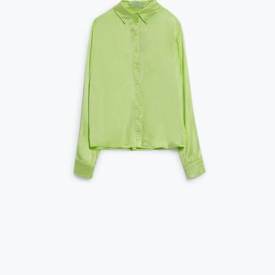 Blouse en satin boutonnée à manches longues avec col polo de couleur citron vert