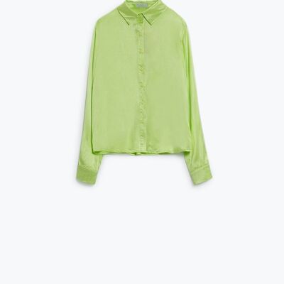 Long Sleeve Button Up satin Blouse With Polo Collar In The Color Lime