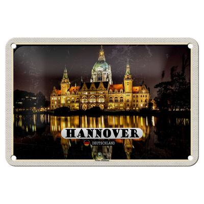 Cartel de chapa con diseño de ciudades, Hannover, nuevo ayuntamiento, noche, 18x12cm